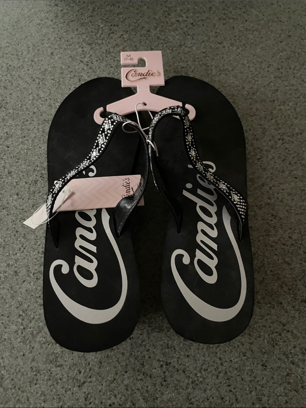 Size M (7-8) Candie's Black Rhinestone-Embellished Thong Sandals brand knew